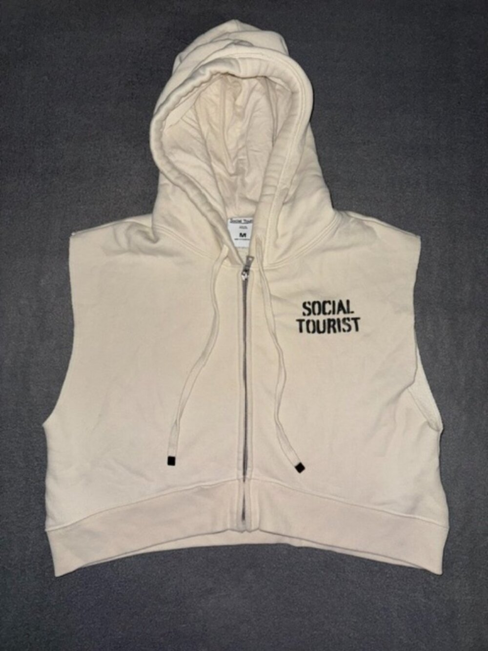 Social Tourist Sleeveless Zip Cropped Hoodie Women’s Medium Cream Full Zip Vest